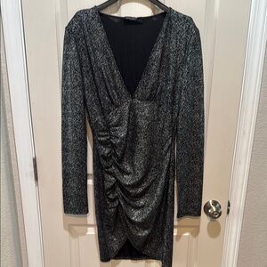 Elegant Black and Silver Ruched Dress (stretchy) L